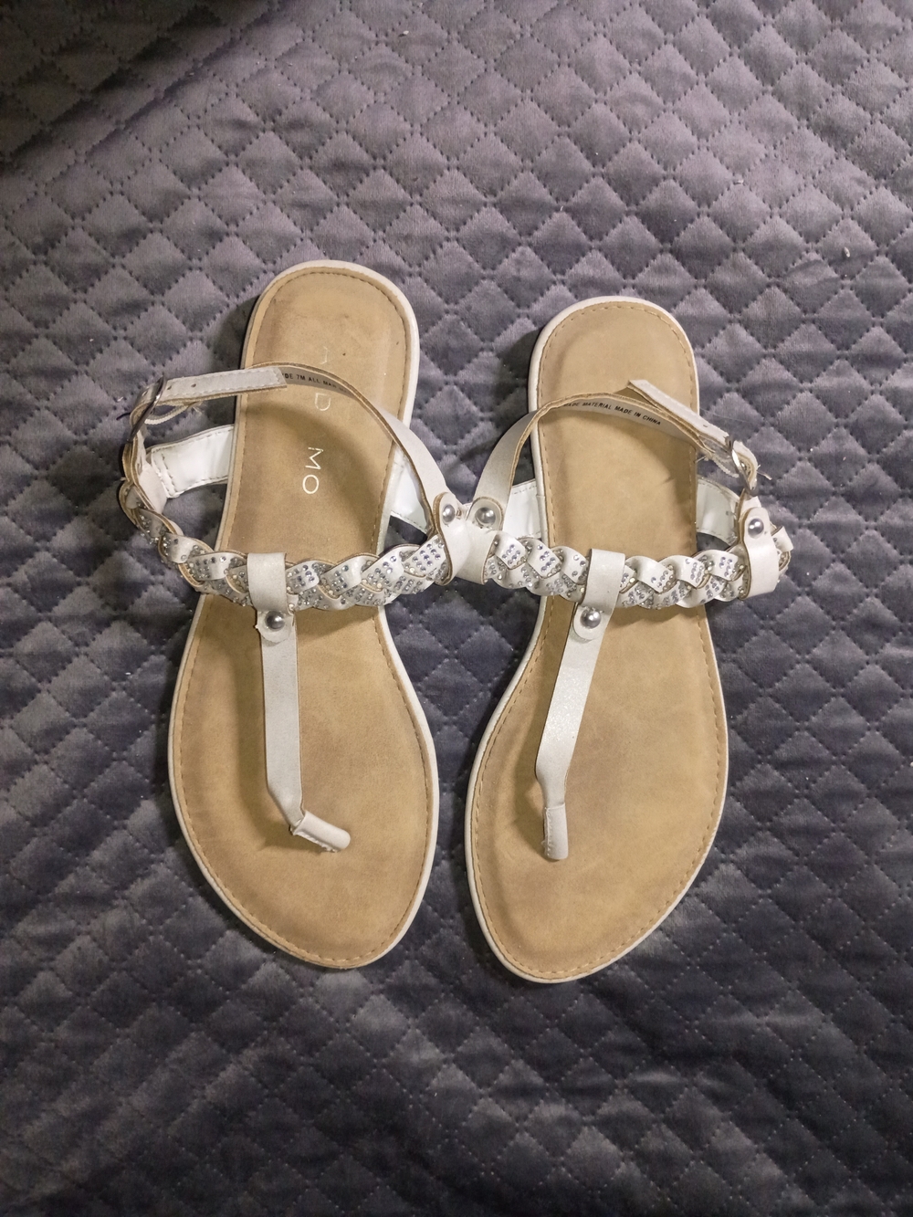 T-Strap Braided Sandals in White with Subtle Metallic Trim